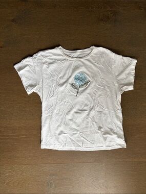 White Women’s Embroidered Tee - Blue Hydrangea